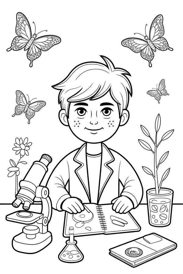scientist in a jungle research station Line Art Coloring Page