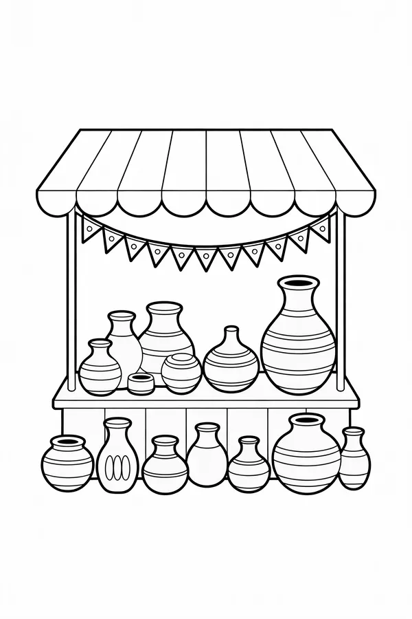 A Pottery Market Stall With Coloring Page