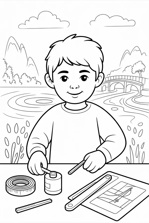 Engineering a Bridge Over a River Black And White Line Art Coloring Page