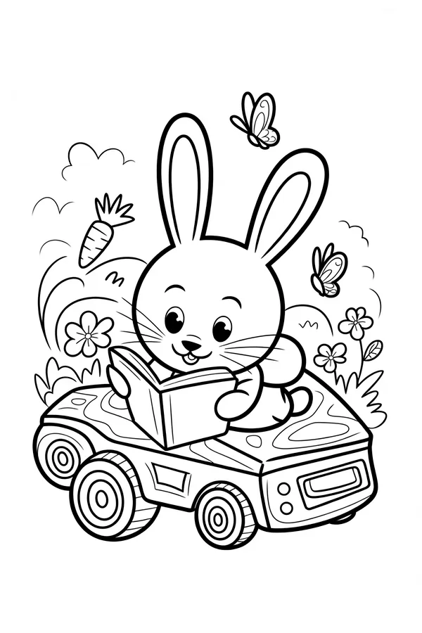 A Cute Bunny Reading A Coloring Page