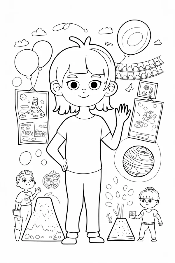 Science Fair Day at School Black And White Line Art Coloring Page