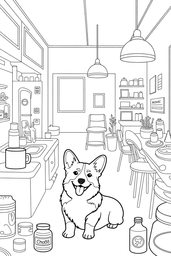 Retro Corgi Main Scene Coloring Page