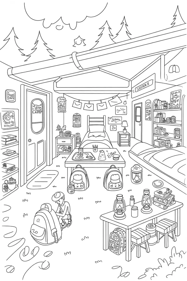 Summer Camp Cabin Activity Scene Coloring Page