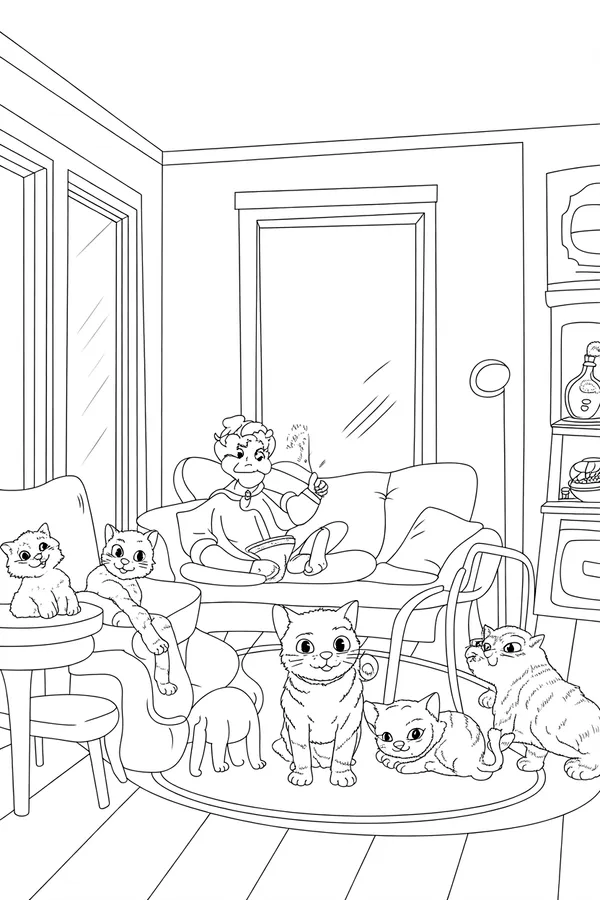 Naughty Cats Cozy Corner Coloring Page