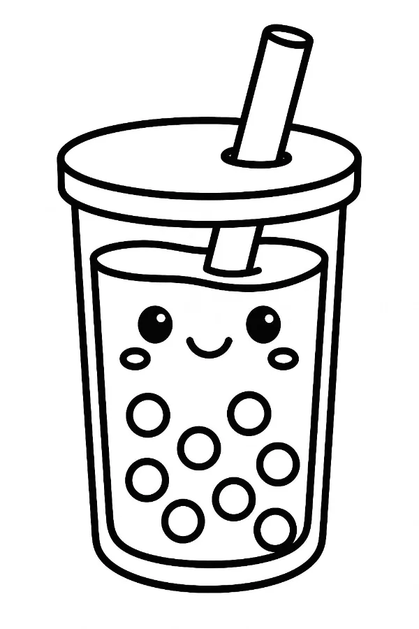 A cute boba tea cup with a smiling face and straw, in a cartoon style coloring page with thick lines for easy coloring