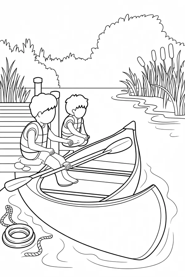 Summer Camp Lake Dock Canoe Prep With Back View Campers Coloring Page