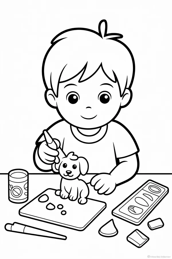 A Boy Carefully Shaping A Coloring Page