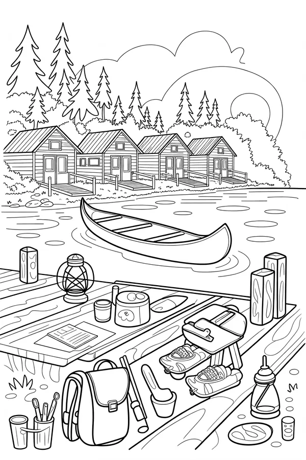 Summer Camp Lake Dock Supplies Scene Coloring Page