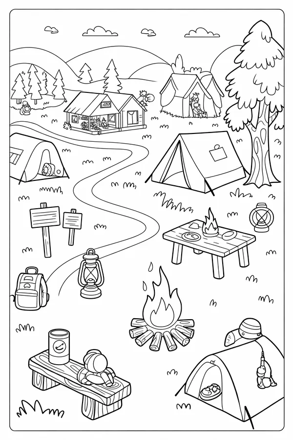 Summer Camp Campfire Campsite Scene Coloring Page