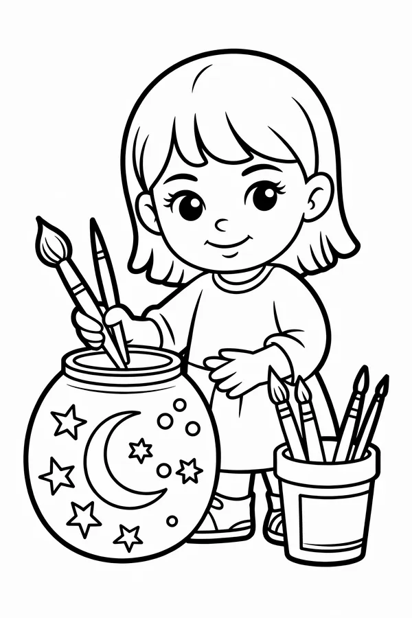 A Young Girl Painting Stars Coloring Page