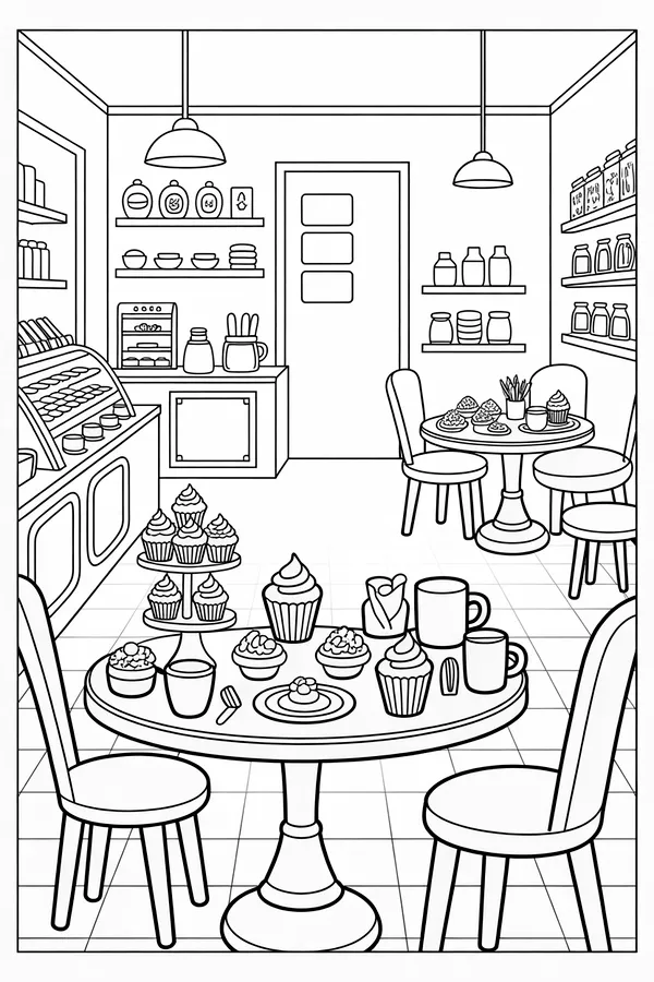 Cozy Coffee Shop Dessert Table Coloring Page