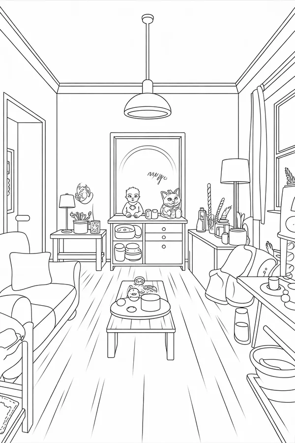 Naughty Cats Main Scene Coloring Page