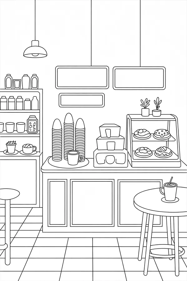 Cozy Coffee Shop Takeaway Counter Coloring Page