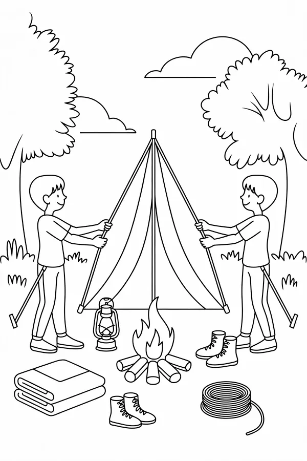 Summer Camp Tent Setup With Side View Campers Coloring Page