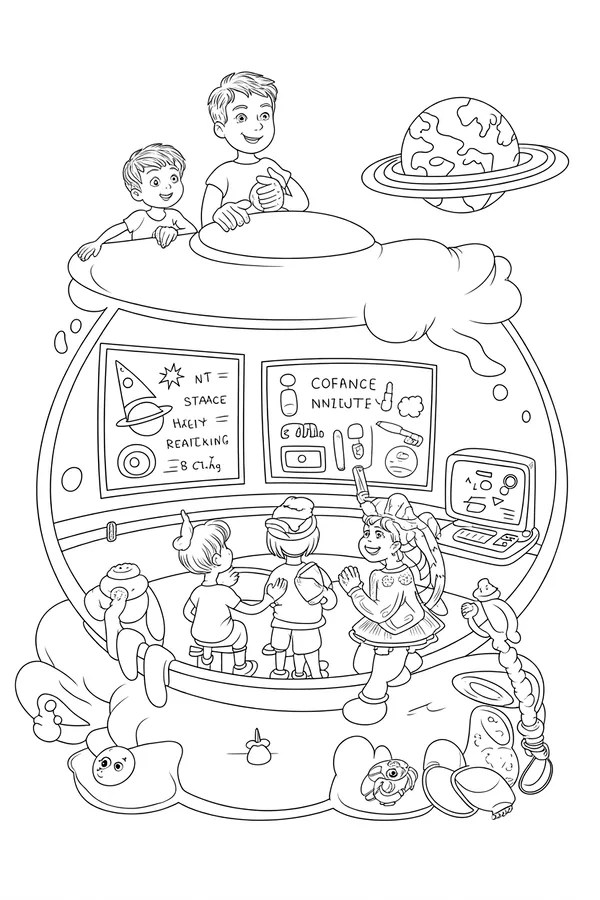 Space Station Classroom in Orbi Line Art Coloring Page