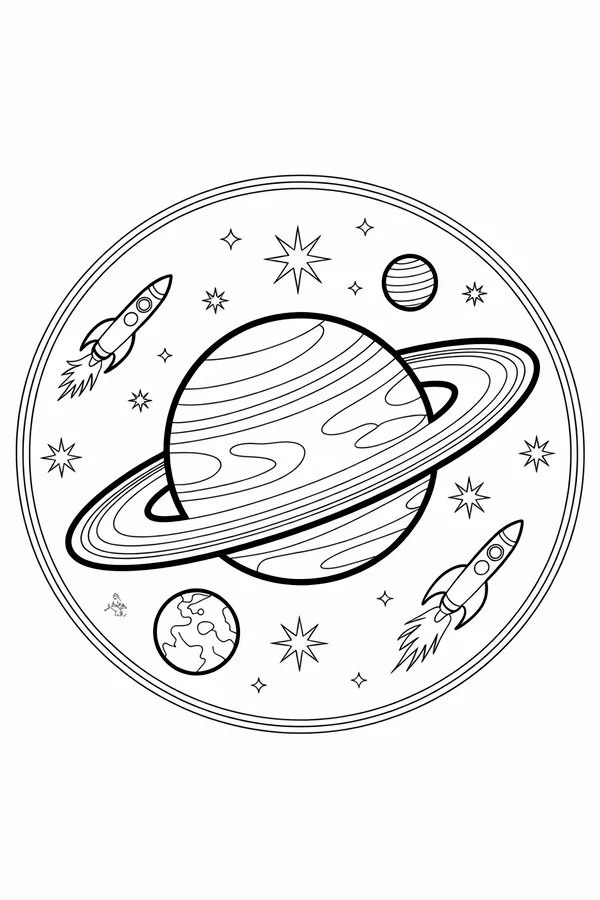 Space Mandala With Saturn In Coloring Page