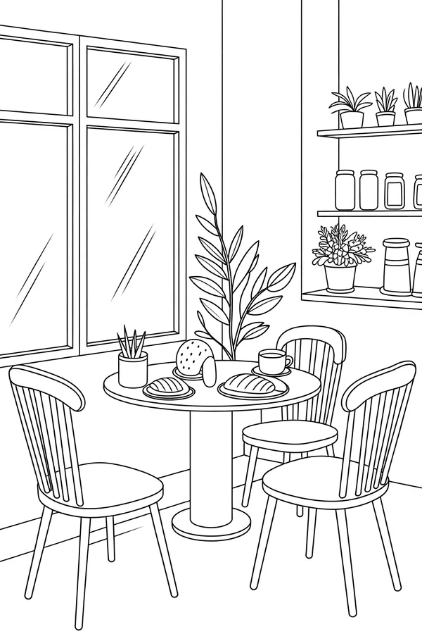 Cozy Coffee Shop Window Seating Nook Coloring Page