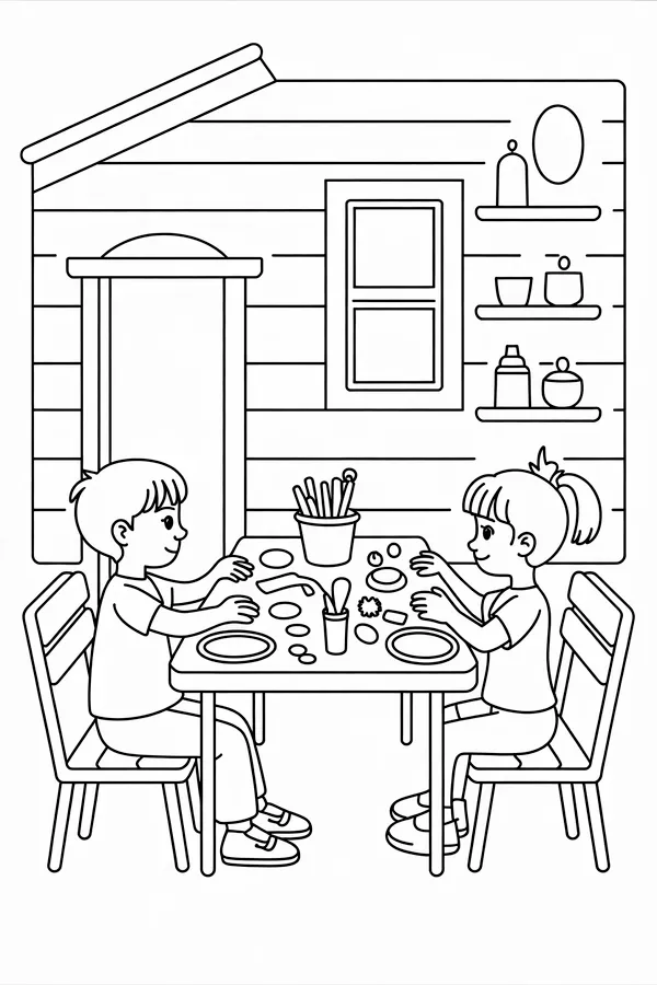 Summer Camp Craft Table With Side View Helpers Coloring Page