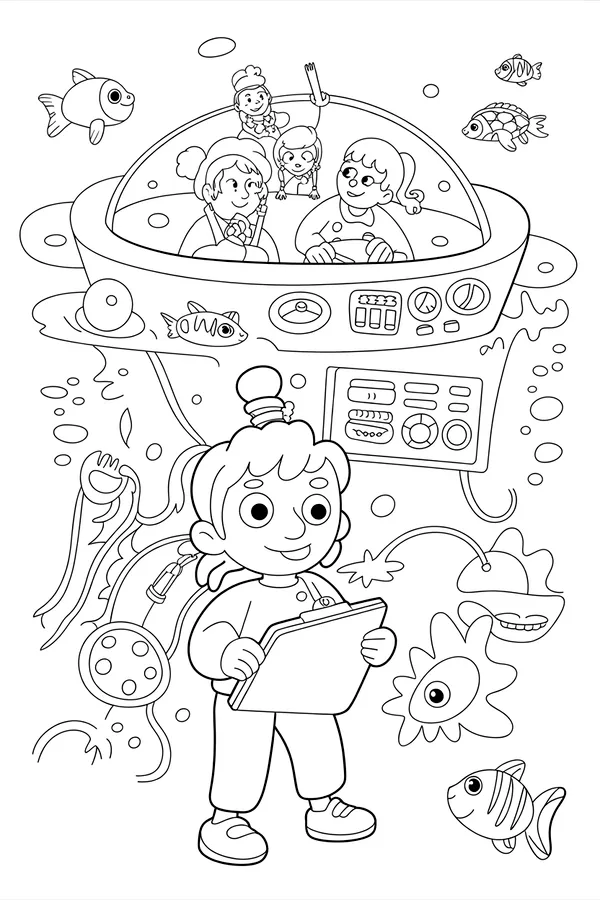 Ocean Exploration Submarine Adventure Black And White Line Art Coloring Page