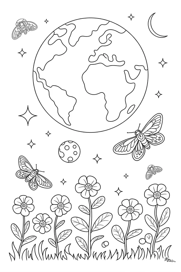 A Night Garden With Mothlike Coloring Page