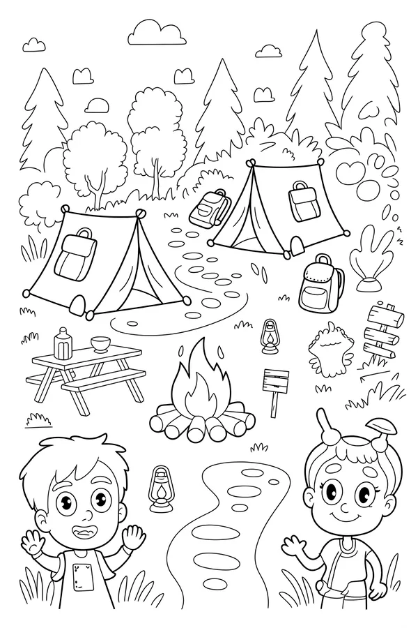 Summer Camp Campfire Campsite Scene Coloring Page
