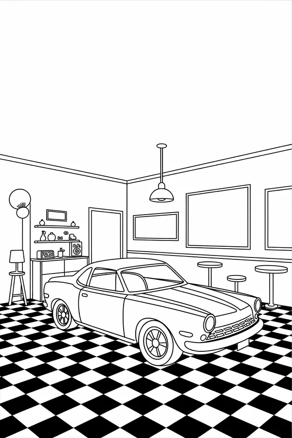 Retro Car Retro Garage Scene Coloring Page free printable coloring page