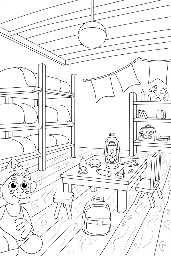 Summer Camp Cabin Activity Scene Coloring Page