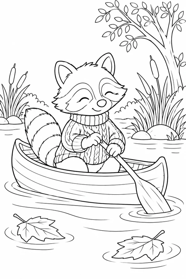 Raccoon Paddling on an Autumn Pond