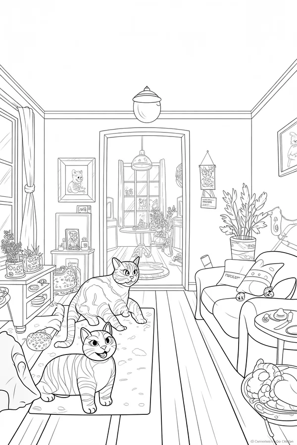 Naughty Cats Creative Scene Coloring Page