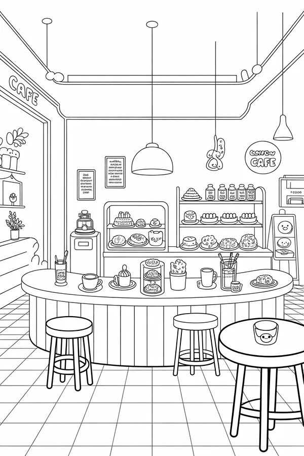 Kawaii Cafe Main Scene Coloring Page