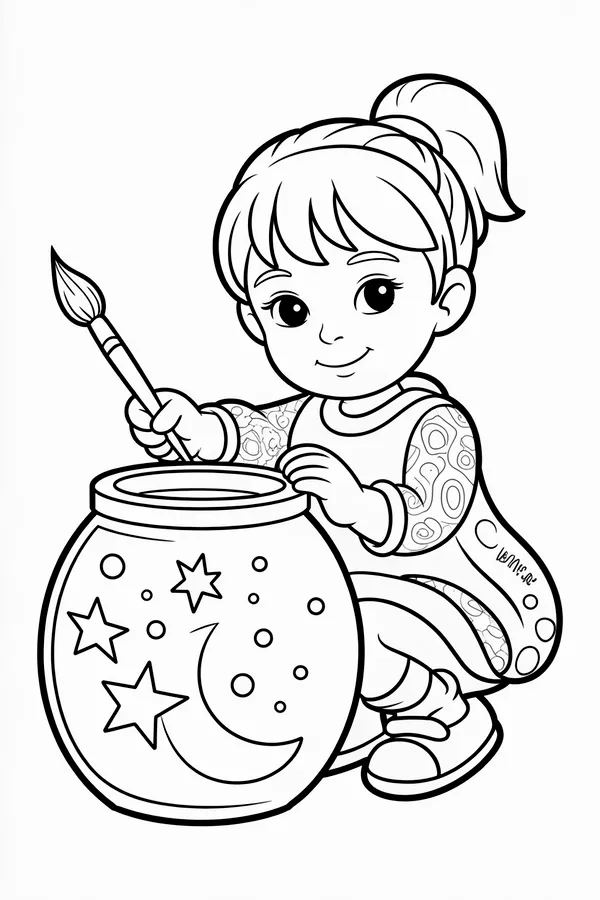 A Young Girl Painting Stars Coloring Page