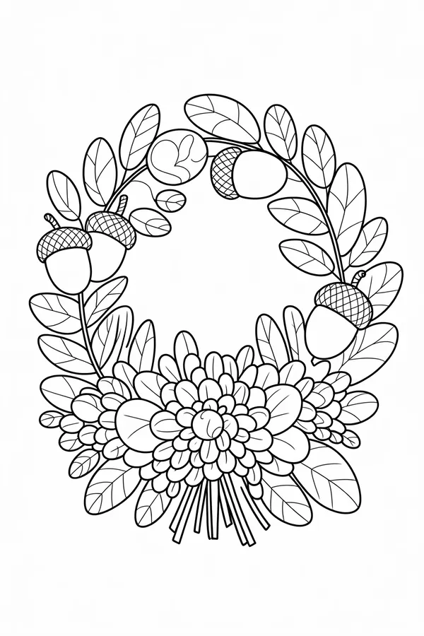 A Wreath Of Acorns And Coloring Page
