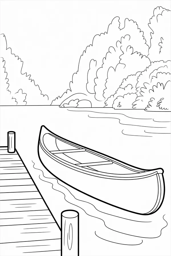 Summer Camp Lake Dock Canoe Prep With Back View Helper Coloring Page