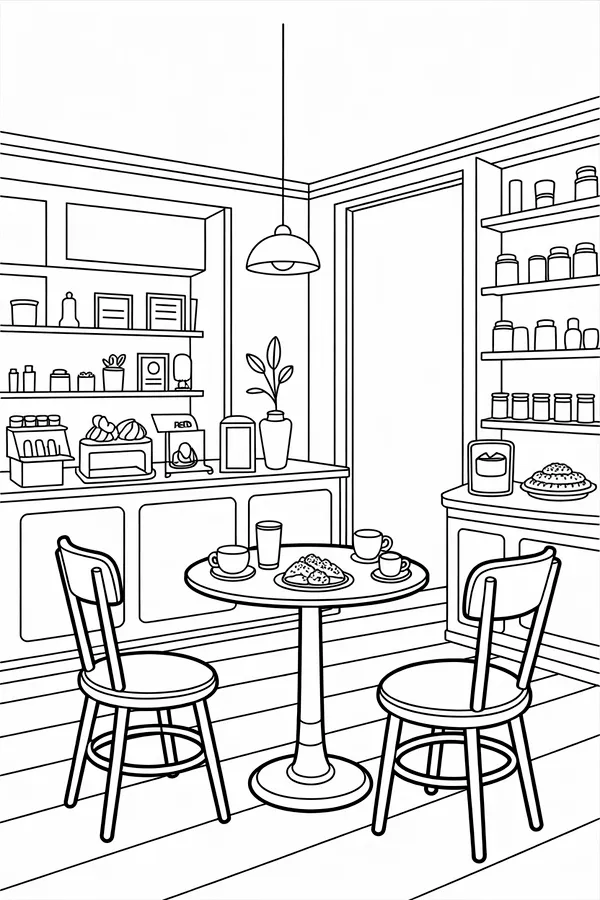 Cozy Coffee Shop Cafe Corner Coloring Page