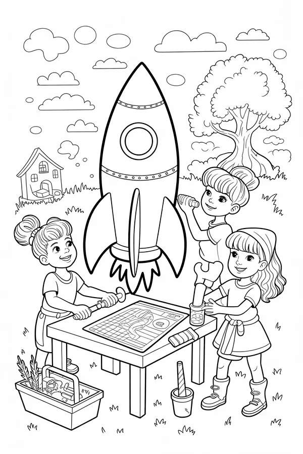 three kids building a homemade rocket Line Art Coloring Page