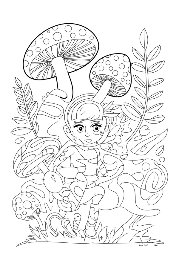 Mushroom And Fern Mandala Symmetrical Coloring Page