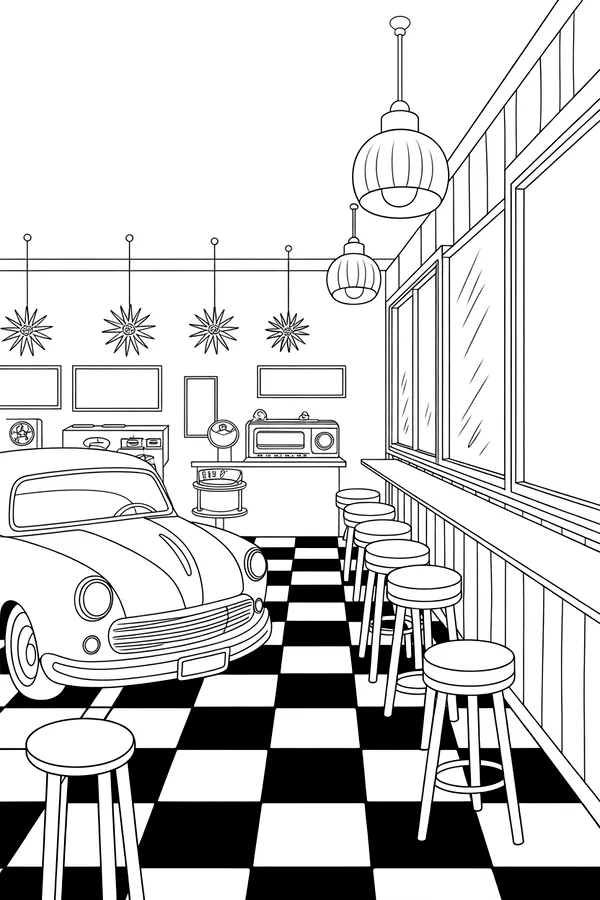 Retro Car Vintage Diner Drive-In Coloring Page free printable coloring page