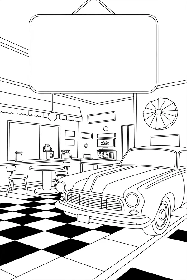 Retro Car Retro Road Trip Stop Coloring Page free printable coloring page