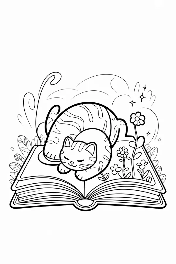 A Cute Cat Sleeping On Coloring Page