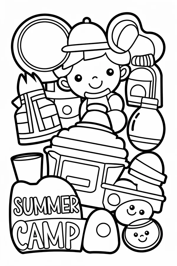 Summer Camp Cute Objects Coloring Page