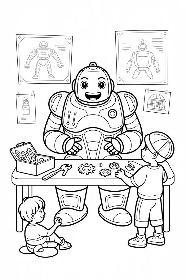 Kids Repairing a Friendly Robot Line Art Coloring Page