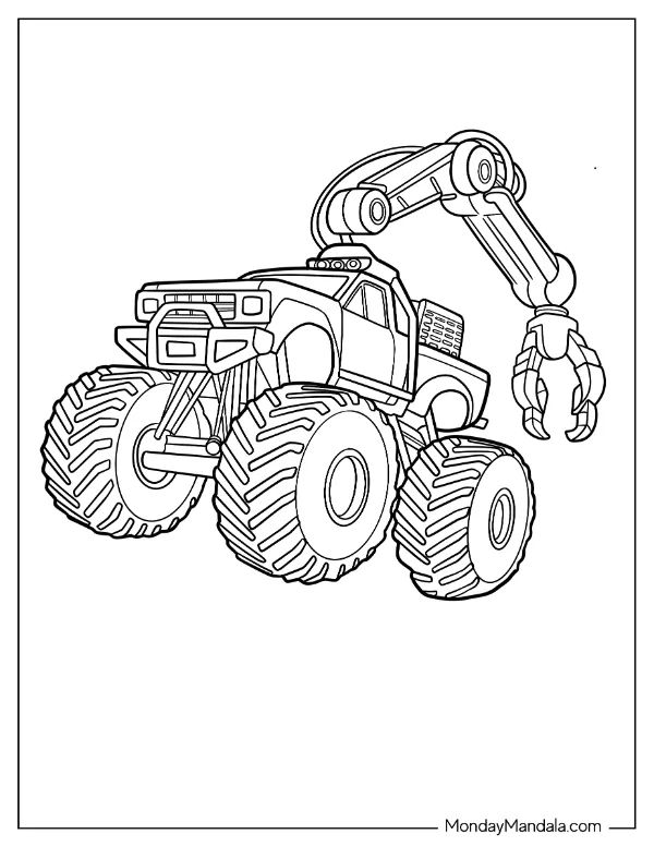 Realistic Monster Truck With Excavator Claw Coloring Page