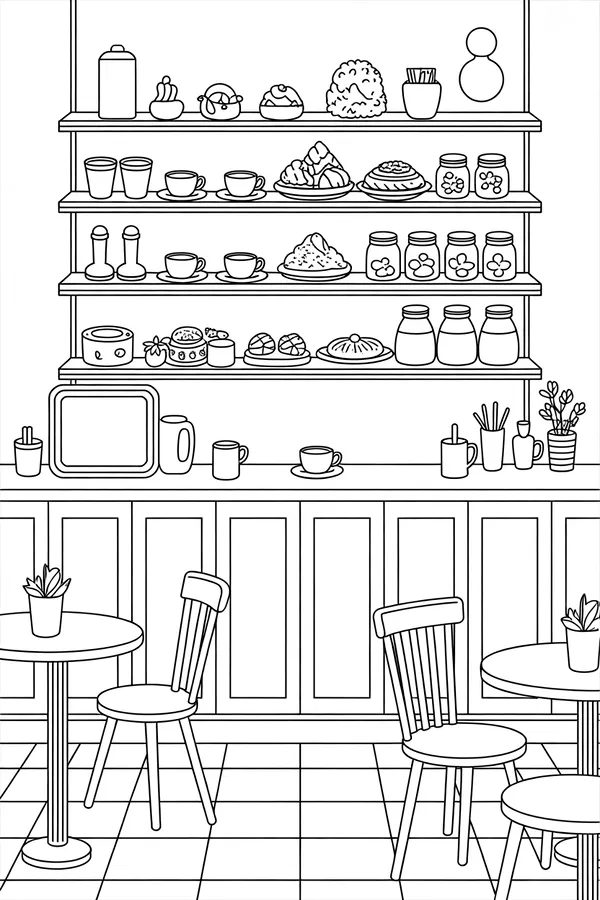 Cozy Coffee Shop Cup And Dessert Shelf Coloring Page