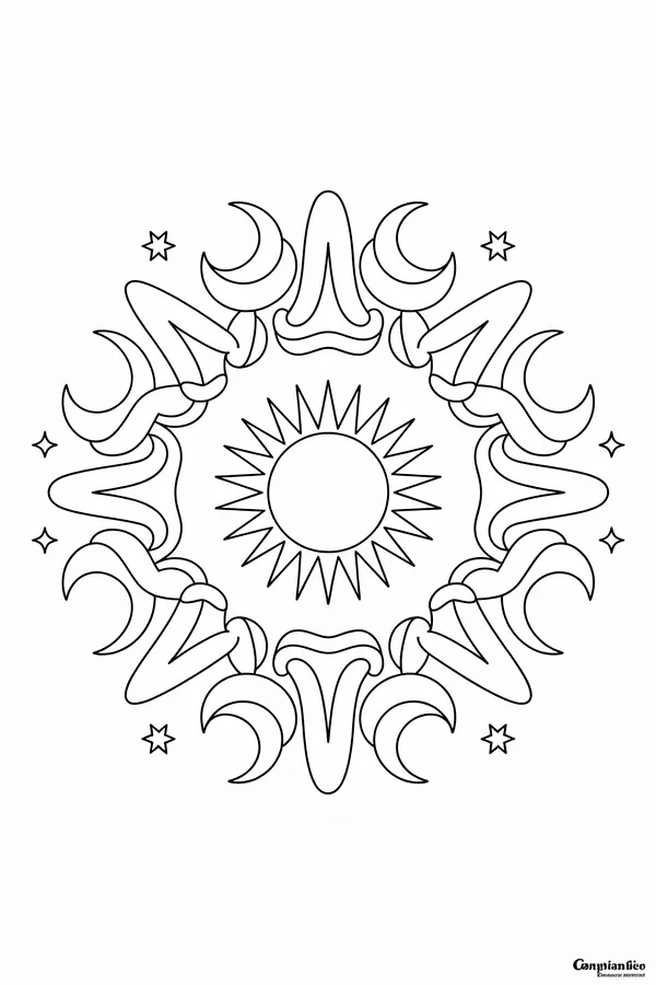 Symmetrical Mandala With A Sun Coloring Page