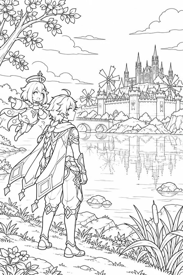 Traveler and Paimon at Cider Lake