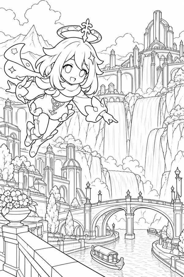 Paimon by a Fontaine Waterfall