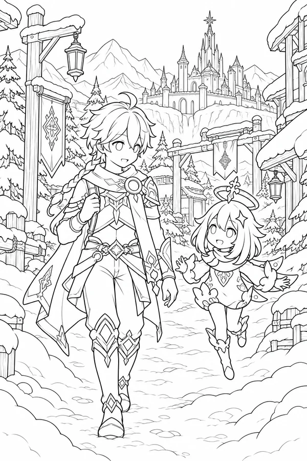 Paimon and Traveler in Snezhnaya